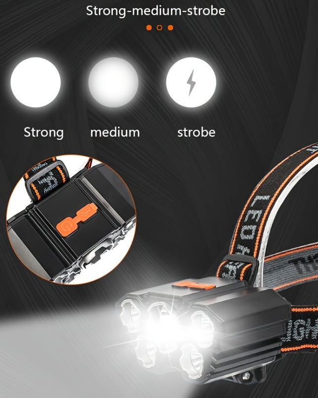 1pc Super Brightest Powerful 5 LED Headlamp Rechargeable Headlamps Headlights Head Torch Outdoor Camping Running Lighting
