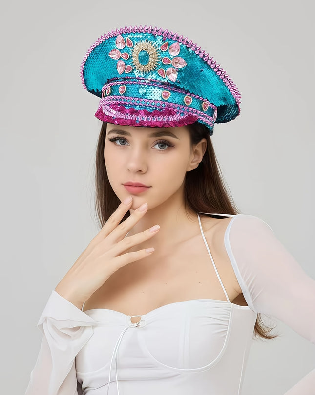 Bling Captain Hat Rhinestone Glitter Military Cap with Blue Sparkles & Badge | Steampunk Festival Hat for Burning for Man, Rave Parties, Music Festivals | Glamorous Costume Accessories for Women & Men