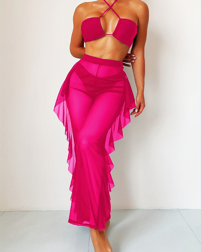 3-Piece Solid Color Halter Bikini Set - Flattering Low-Rise Bottom with Chic Ruffle Trim, Stylish Halter Neck Top & Sheer Beach Cover Up Pants - Elegant, Modern Womens Swimwear for Valentines Day