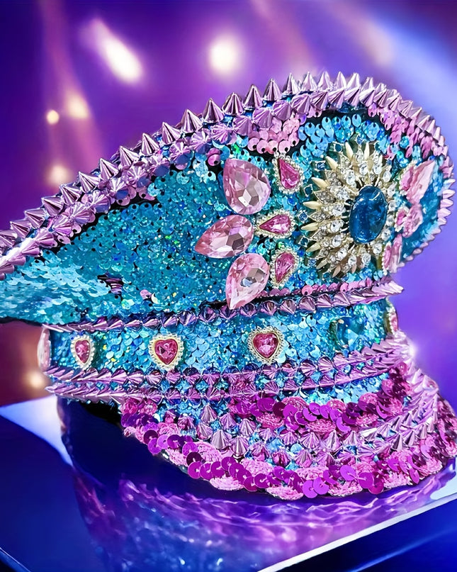 Bling Captain Hat Rhinestone Glitter Military Cap with Blue Sparkles & Badge | Steampunk Festival Hat for Burning for Man, Rave Parties, Music Festivals | Glamorous Costume Accessories for Women & Men