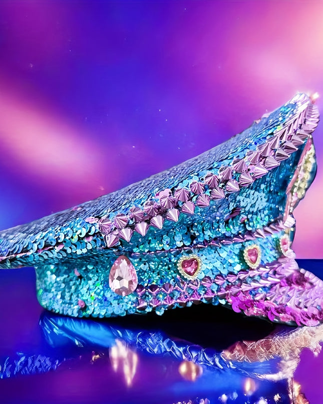 Bling Captain Hat Rhinestone Glitter Military Cap with Blue Sparkles & Badge | Steampunk Festival Hat for Burning for Man, Rave Parties, Music Festivals | Glamorous Costume Accessories for Women & Men