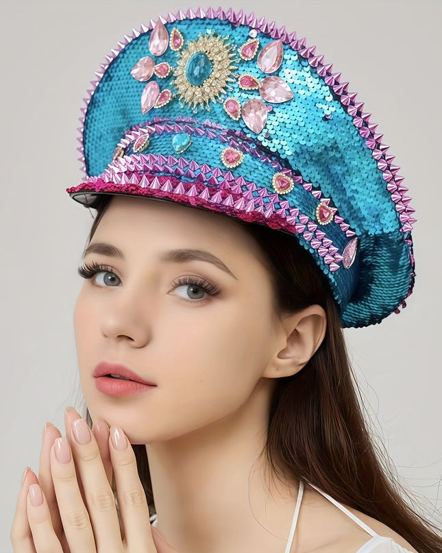 Bling Captain Hat Rhinestone Glitter Military Cap with Blue Sparkles & Badge | Steampunk Festival Hat for Burning for Man, Rave Parties, Music Festivals | Glamorous Costume Accessories for Women & Men