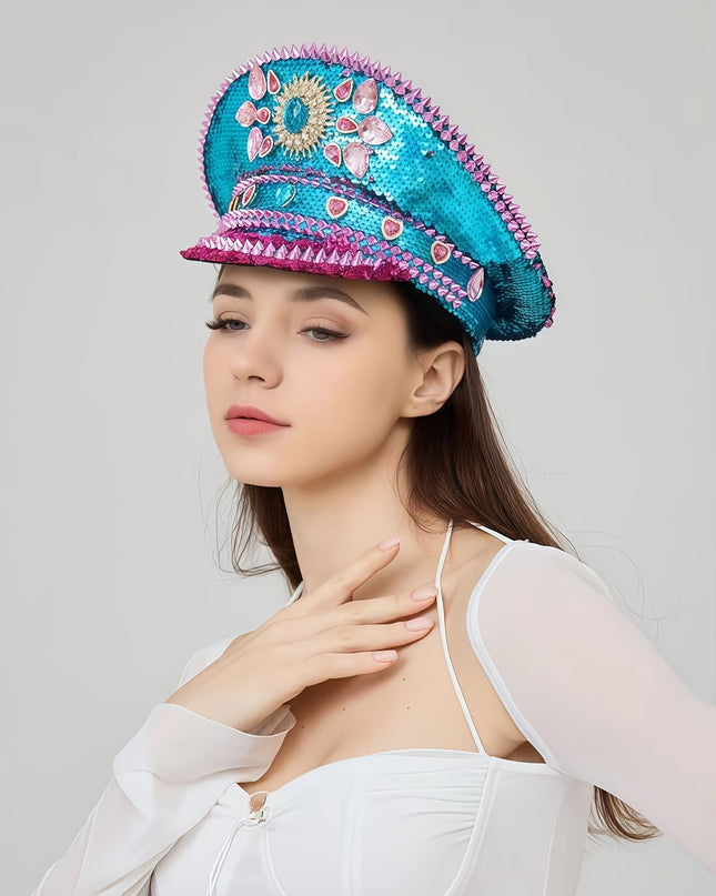 Bling Captain Hat Rhinestone Glitter Military Cap with Blue Sparkles & Badge | Steampunk Festival Hat for Burning for Man, Rave Parties, Music Festivals | Glamorous Costume Accessories for Women & Men
