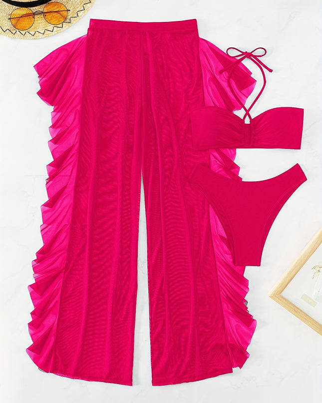 3-Piece Solid Color Halter Bikini Set - Flattering Low-Rise Bottom with Chic Ruffle Trim, Stylish Halter Neck Top & Sheer Beach Cover Up Pants - Elegant, Modern Womens Swimwear for Valentines Day