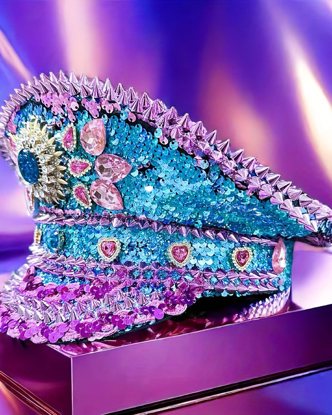 Bling Captain Hat Rhinestone Glitter Military Cap with Blue Sparkles & Badge | Steampunk Festival Hat for Burning for Man, Rave Parties, Music Festivals | Glamorous Costume Accessories for Women & Men