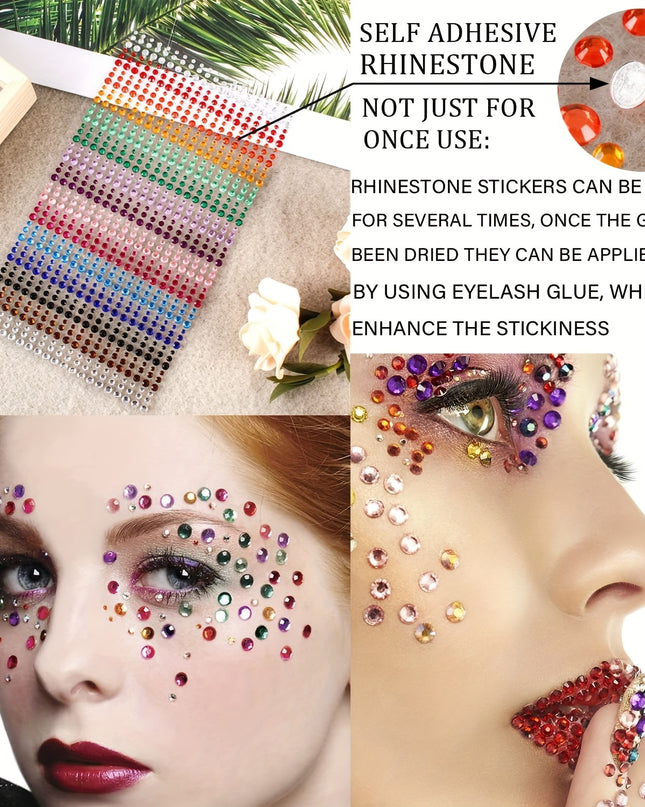165/ 900 Pcs Facial Stickers Self Adhesive Rhinestones For Eye Makeup, 15 Colors Rainbow Rhinestones Face Jewelry Face Gems Stickers, DIY Nail Makeup 3mm 4mm 5mm 6mm Halloween Rave Festival Accessories Costume For Women