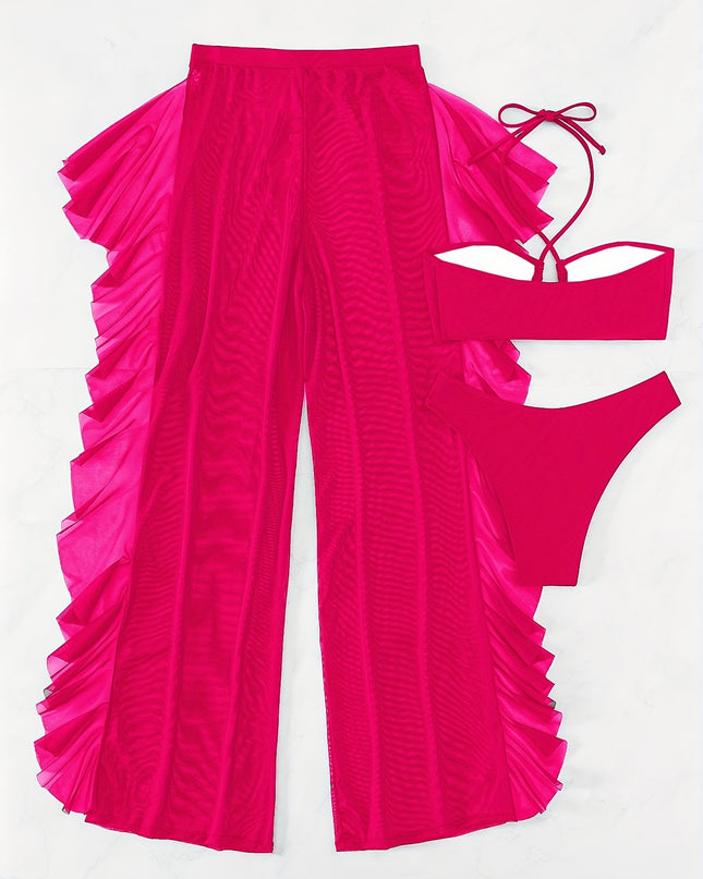 3-Piece Solid Color Halter Bikini Set - Flattering Low-Rise Bottom with Chic Ruffle Trim, Stylish Halter Neck Top & Sheer Beach Cover Up Pants - Elegant, Modern Womens Swimwear for Valentines Day
