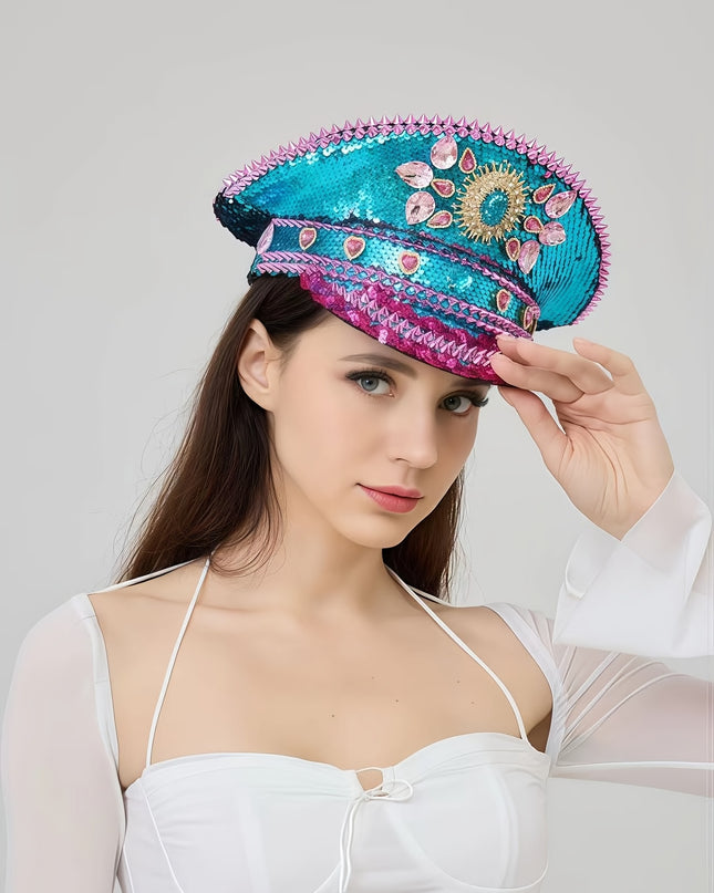 Bling Captain Hat Rhinestone Glitter Military Cap with Blue Sparkles & Badge | Steampunk Festival Hat for Burning for Man, Rave Parties, Music Festivals | Glamorous Costume Accessories for Women & Men