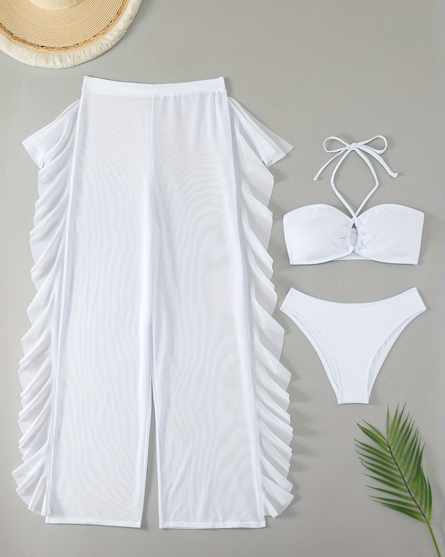 3-Piece Solid Color Halter Bikini Set - Flattering Low-Rise Bottom with Chic Ruffle Trim, Stylish Halter Neck Top & Sheer Beach Cover Up Pants - Elegant, Modern Womens Swimwear for Valentines Day
