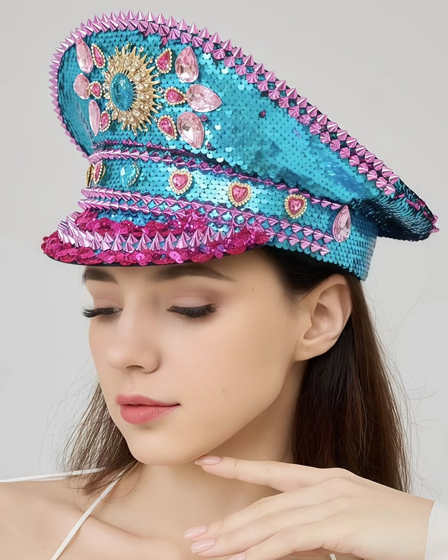 Bling Captain Hat Rhinestone Glitter Military Cap with Blue Sparkles & Badge | Steampunk Festival Hat for Burning for Man, Rave Parties, Music Festivals | Glamorous Costume Accessories for Women & Men