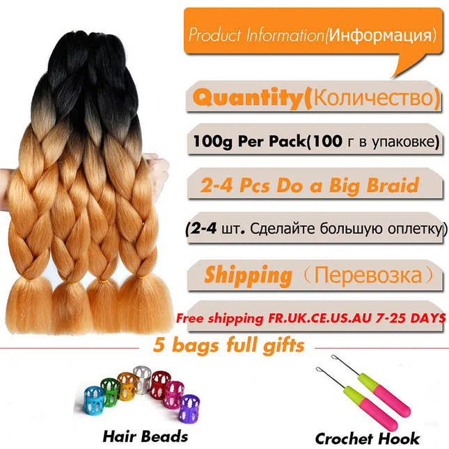 24 Inches Synthetic Braiding Hair Jumbo BraidOmbre Jumbo Hair Extension For Women DIY Hair Braids Purple Pink  Yellow Gray Lihu