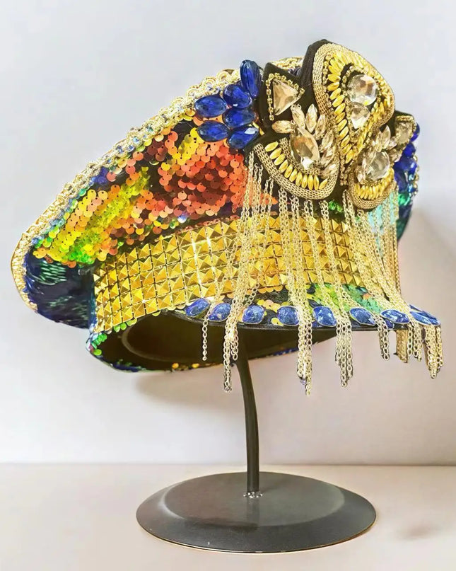 2025 Bling Captain Hat Rhinestone Captains Hat for Men Steampunk Handmade Burning Man gorras para hombres Army Military Cap