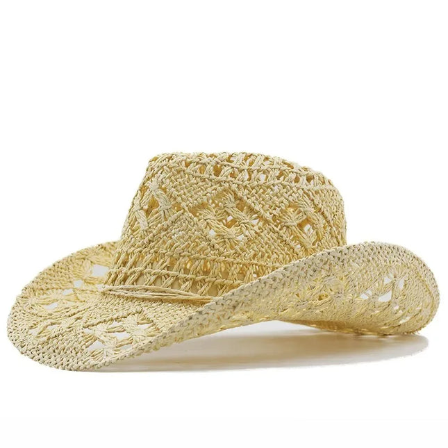 New Western Cowboy Hats for Women Men Classic Vintage Hollow Out Unisex Curled Wide Brim Sun Hat Fishing Hat Climbing Straw Cap