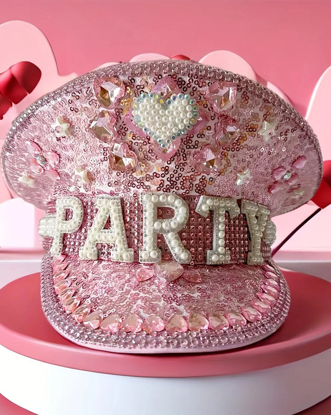 Burning Man Steampunk Captain Hat Diamond Bridal Hat, Burning Man, Pink Heart, Bridal Tiara, Luxury Holiday Party, Festival