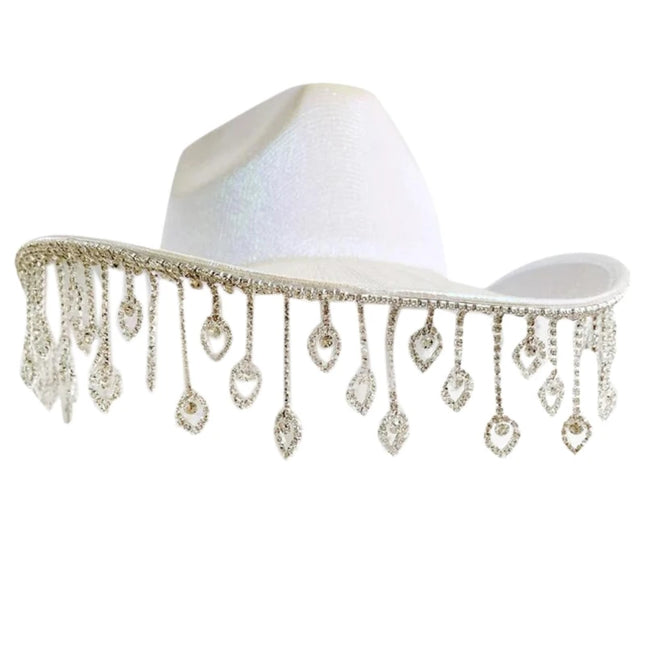 Rhinestones Tassels Hat for Women Teens Girl Breathable Wide Brim BeachSun Hat Music Festival Hat Bachelorette Party Cap