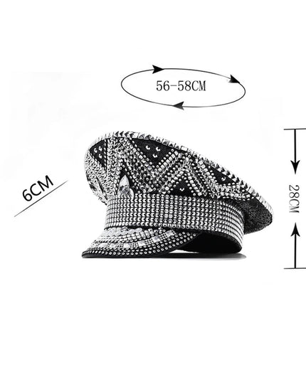 Luxury Rhinestone Women Wedding Bride Captain Hat Black Military Hat Sergeant Hat Hen Festival Birthday Part Hat