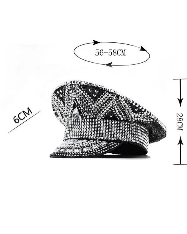 Luxury Rhinestone Women Wedding Bride Captain Hat Black Military Hat Sergeant Hat Hen Festival Birthday Part Hat