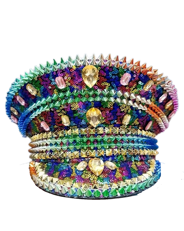HongLuan Rainbow Bling Captain Hat Rhinestone Woman Sparkly Steampunk Military Caps for Burning Man Coachella Music Festival