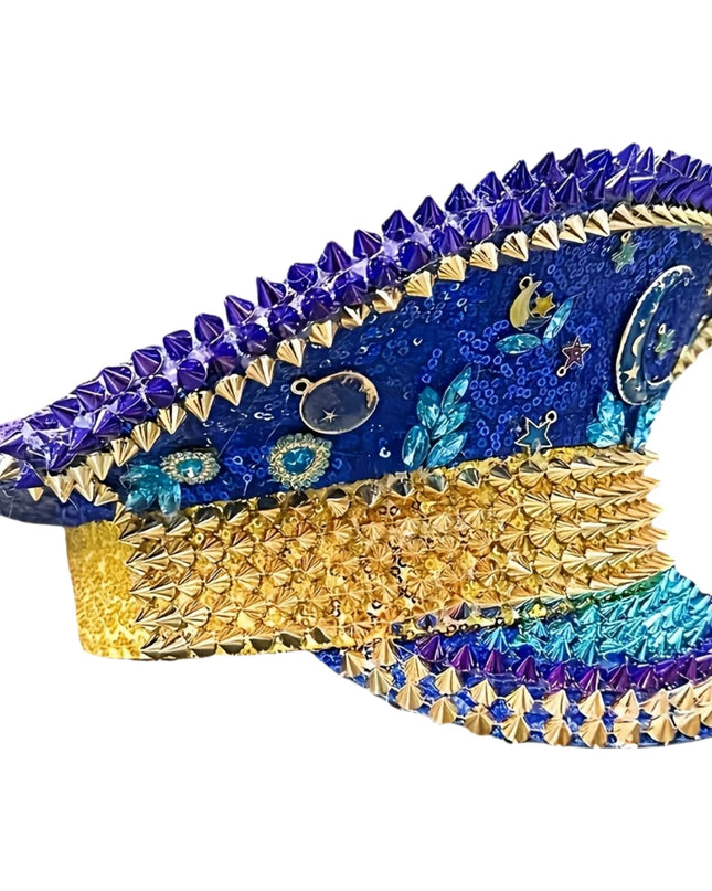 Ramadan Festival Captain Hat Moon Blue Gold Rivet Unisex Adult Military Cap Rhinestone Hen Do Hat Steampunk Masquerade Party