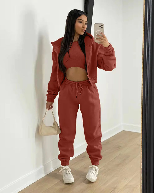3pcs Women's Clothing Set Fleece-lined Hooded Sweater &Sleeveless Tank Top & Sports Sweatpants Pants
