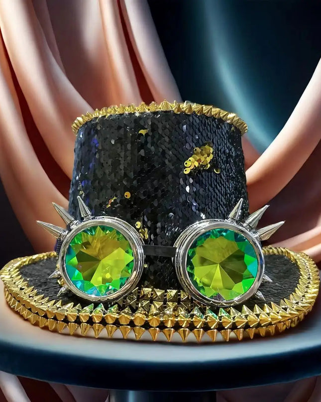 Halloween Hat Steampunk Top Hat Sequin Cap Bridal Hat Festival Music Party Stage Hat Halloween punk rivet Party Magician