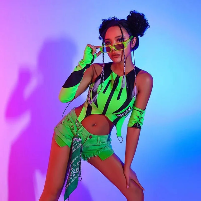 2023 New Fluorescent Green Tops Black Shorts Kpop Outfits For Girls Group Jazz Dance Costumes Pole Dance Rave Clothes