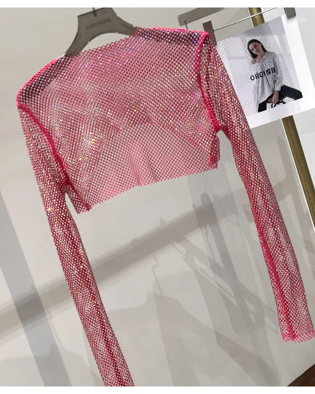 2023 new sexy bright diamond short top Slim thin Ms. hot drill long-sleeved T-shirt sexy leak waist nightclub