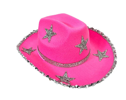 Women Rhinestone Star Cowgirl Hat Wide Brim Diamond Glitter Western Hat Cowgirl Cap for Wedding Music Costume Party