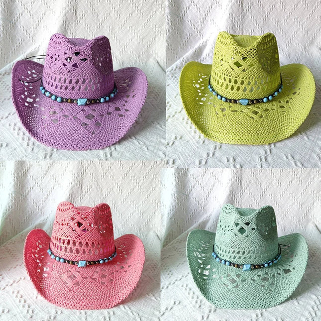 New Purple 2024 Cowboy Straw Hat Hand-woven Hollow Men's and Women's Summer Sun Hat Jazz Straw Hat Western Cowboy Hat sombrero