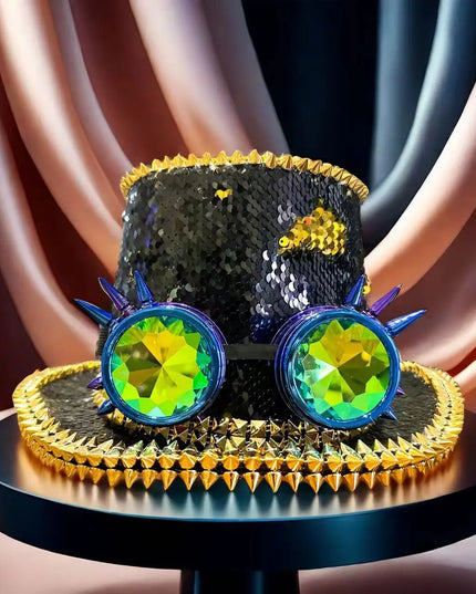 Halloween Hat Steampunk Top Hat Sequin Cap Bridal Hat Festival Music Party Stage Hat Halloween punk rivet Party Magician