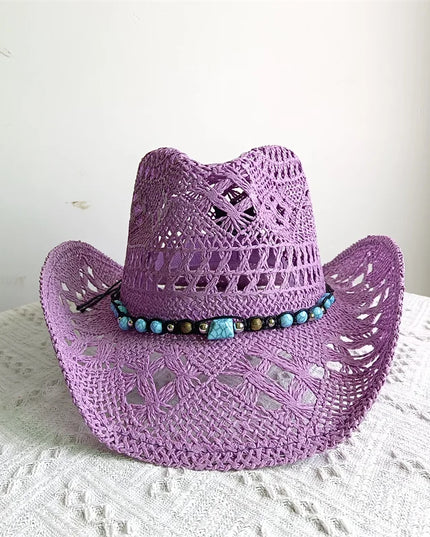 New Purple 2024 Cowboy Straw Hat Hand-woven Hollow Men's and Women's Summer Sun Hat Jazz Straw Hat Western Cowboy Hat sombrero