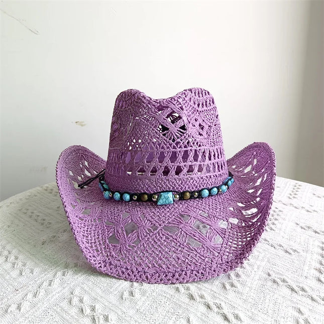 New Purple 2024 Cowboy Straw Hat Hand-woven Hollow Men's and Women's Summer Sun Hat Jazz Straw Hat Western Cowboy Hat sombrero