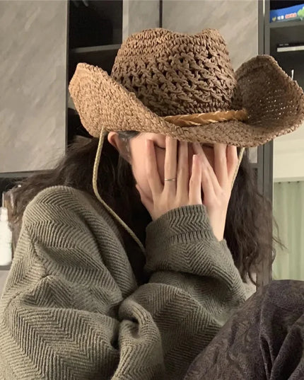 Army Green Camo Cowboy Hat Straw Hat Star Jazz Straw Hat Panama Paper Grass Western United States Cowboy Hat Fashion Travel