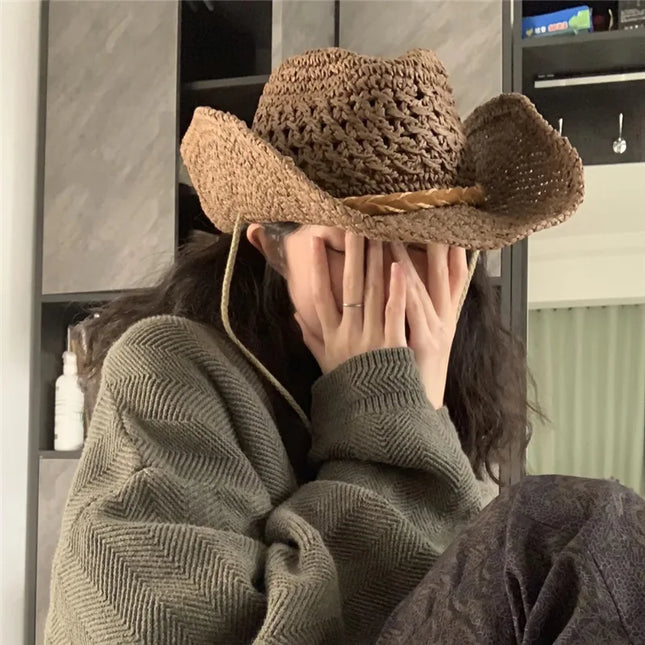 Army Green Camo Cowboy Hat Straw Hat Star Jazz Straw Hat Panama Paper Grass Western United States Cowboy Hat Fashion Travel