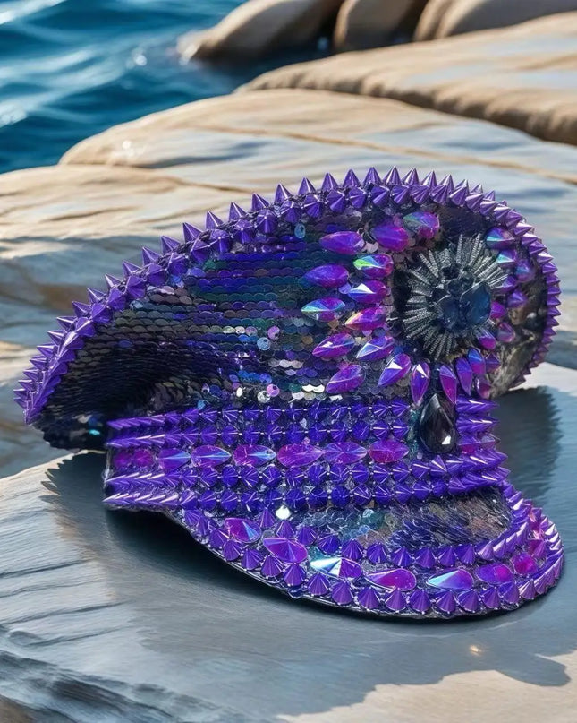 HongLuan Purple Bling Captain Hat Rhinestone for Woman | Steampunk Military Cap for Burning Man Music Festivals Accessories