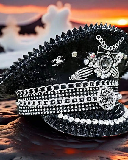 Burning Man Multi-style Black Halloween Steampunk with Chain Spider Web Skull Studded Cap Halloween Hat Hallloween decorations