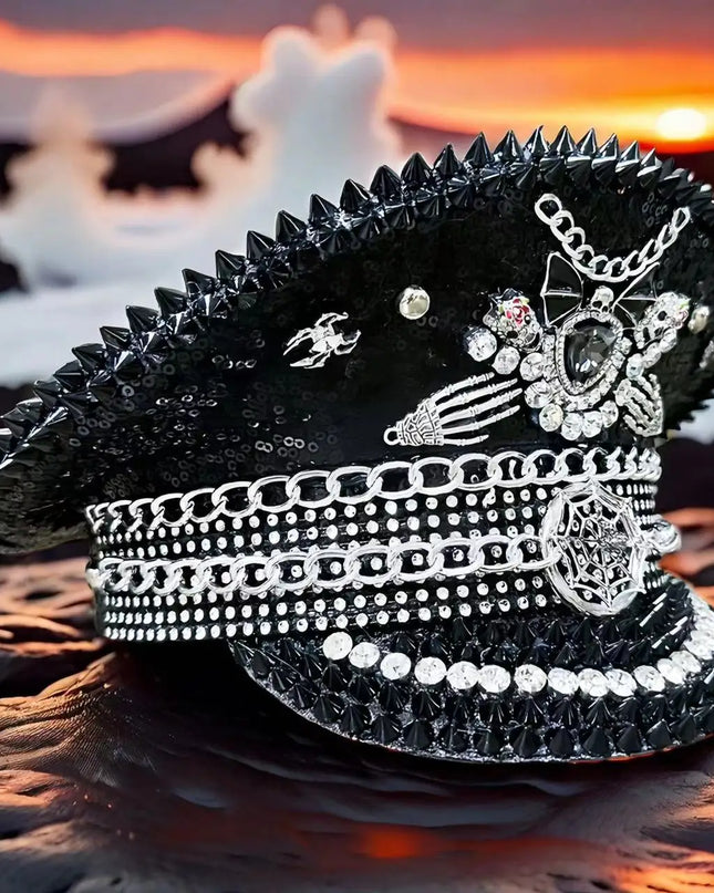 Burning Man Multi-style Black Halloween Steampunk with Chain Spider Web Skull Studded Cap Halloween Hat Hallloween decorations