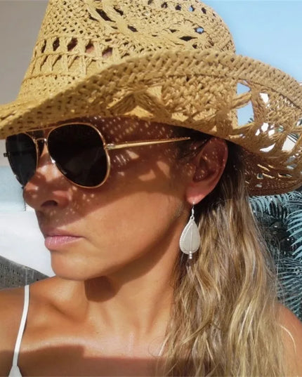 New Western Cowboy Hats for Women Men Classic Vintage Hollow Out Unisex Curled Wide Brim Sun Hat Fishing Hat Climbing Straw Cap