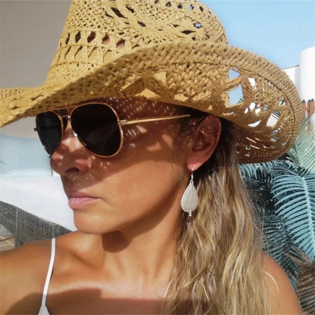 New Western Cowboy Hats for Women Men Classic Vintage Hollow Out Unisex Curled Wide Brim Sun Hat Fishing Hat Climbing Straw Cap