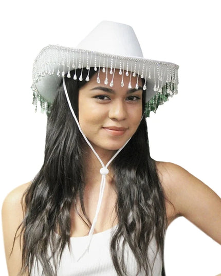 Rhinestones Tassels Hat for Women Teens Girl Breathable Wide Brim BeachSun Hat Music Festival Hat Bachelorette Party Cap