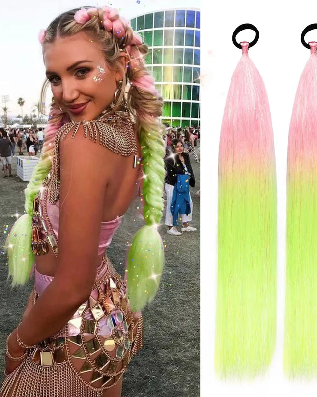 2pcs Synthetic Hair Extensions Ombre Braid Ponytail Blend Hair Tinsels with Hair Tie Crazy Hair Day Accessories For Women Girls