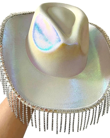 Rhinestones Tassels Hat for Women Teens Girl Breathable Wide Brim BeachSun Hat Music Festival Hat Bachelorette Party Cap