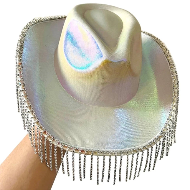Rhinestones Tassels Hat for Women Teens Girl Breathable Wide Brim BeachSun Hat Music Festival Hat Bachelorette Party Cap