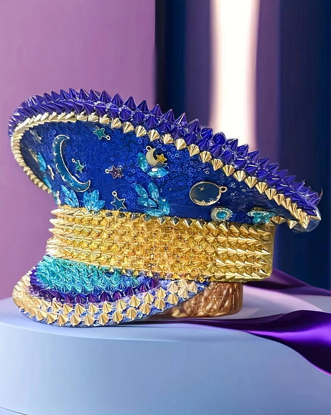 Ramadan Festival Captain Hat Moon Blue Gold Rivet Unisex Adult Military Cap Rhinestone Hen Do Hat Steampunk Masquerade Party