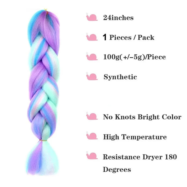 24Inch Synthetic Ombre Rainbow Mixed Colors Long Straight Box Jumbo Braids Hairpiece Crochet Hair for Women