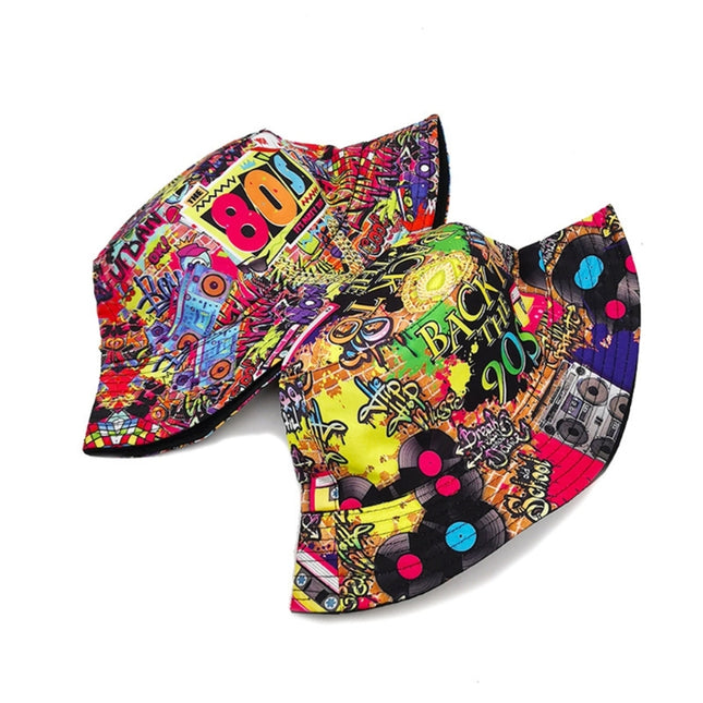 80s 90s Vintage Fishing Hat for Women Men Breathable Colorful Print Cap Sun Protective Hat Double-side Hiphop Bucket Hat
