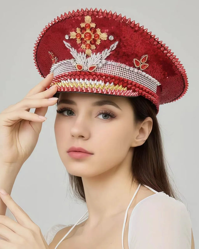 HongLuan Vintage Sparkle Red Captain Hat Rhinestone for Women,Burning Man Military Cap&Hats Luxury Woman