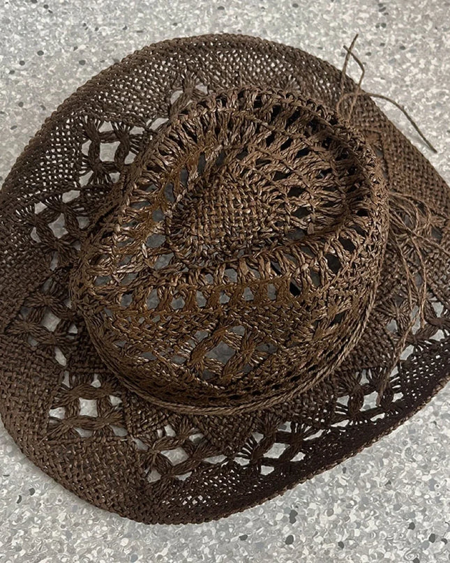 New Western Cowboy Hats for Women Men Classic Vintage Hollow Out Unisex Curled Wide Brim Sun Hat Fishing Hat Climbing Straw Cap