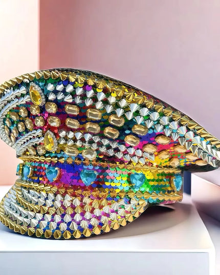 HongLuan Golden Bling Captain Hat Rhinestone for Woman - Luxury Colorful Steampunk Military Cap for Burning Man Music Festival