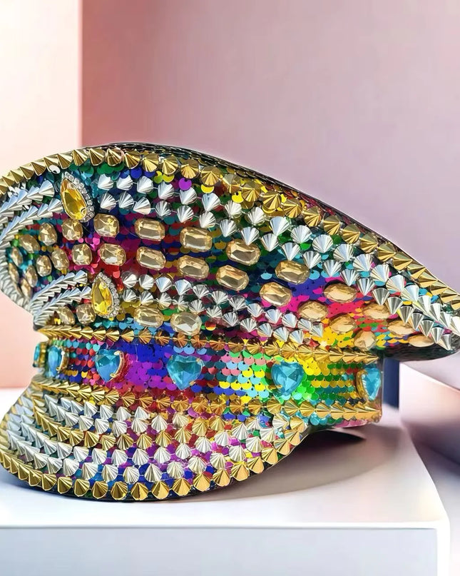 HongLuan Golden Bling Captain Hat Rhinestone for Woman - Luxury Colorful Steampunk Military Cap for Burning Man Music Festival